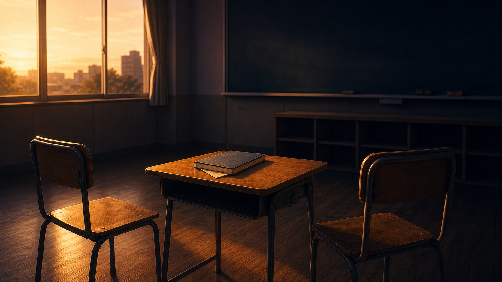 教室の机に置かれた二つの道標と温かな夕日が、嘘と誠実さの間で揺れる問いを表す場面