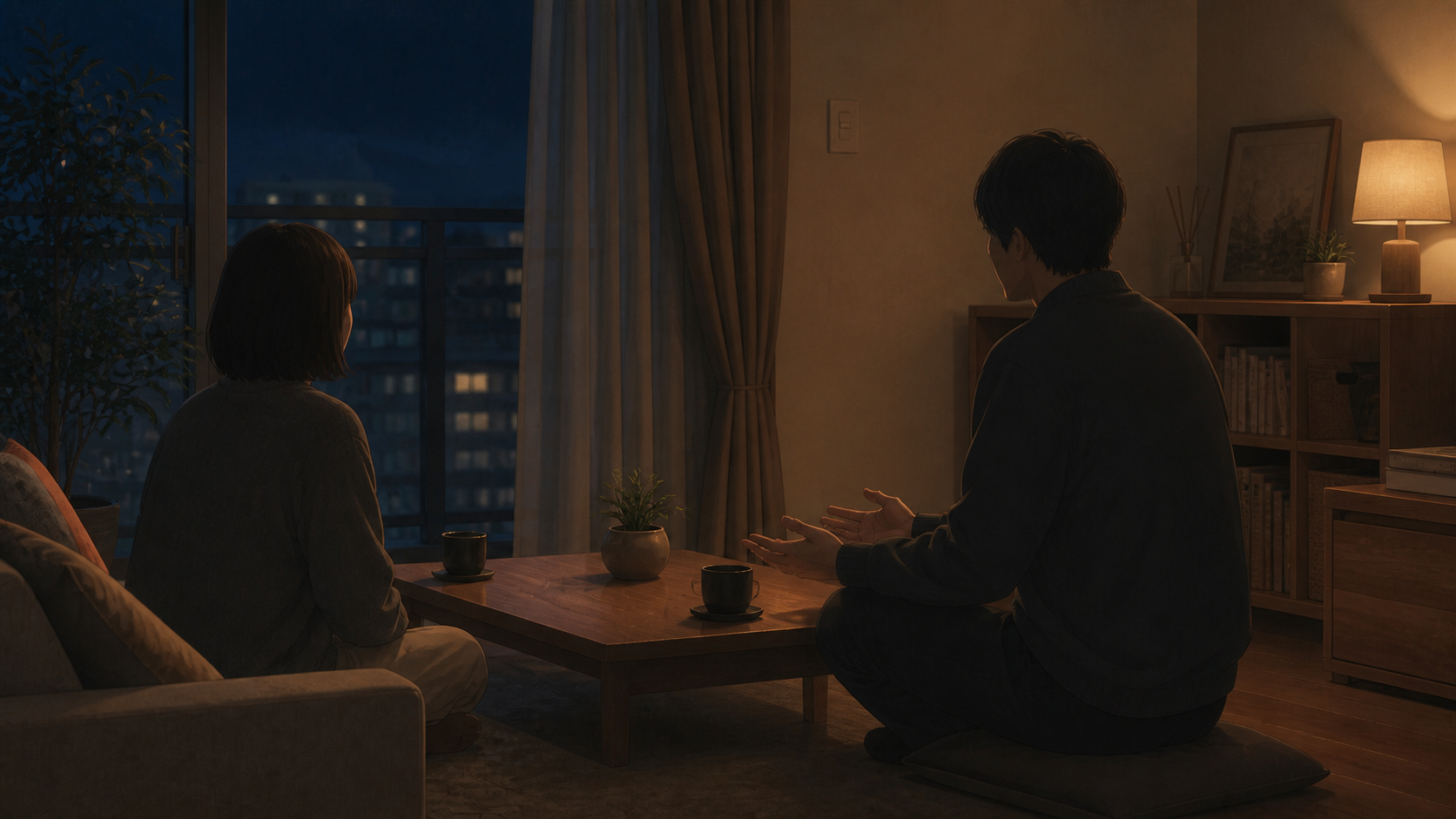 夜の部屋で自分の気持ちを言葉にする男性と話を聞く女性