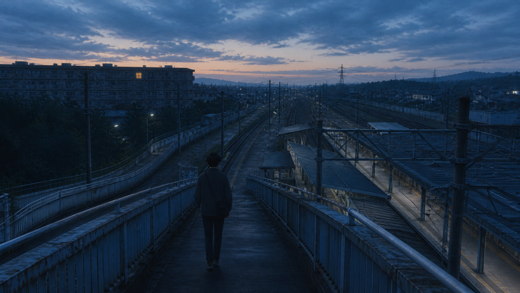夜明け前の駅へ一人で向かう男性の後ろ姿