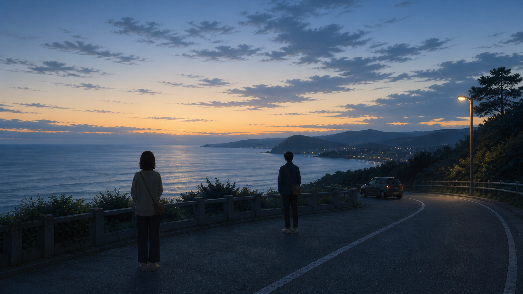 夕暮れの海を眺める一日だけの冒険の二人