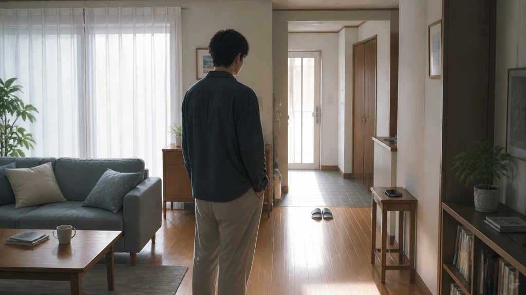 明るい家の玄関で咲子を待つ充をイメージした男性