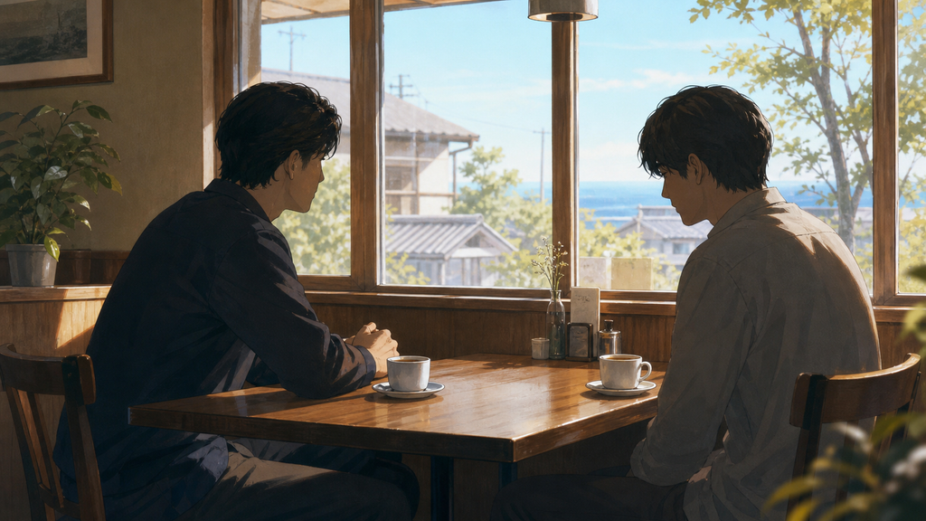明るいカフェで向かい合い静かに話す二人の男性