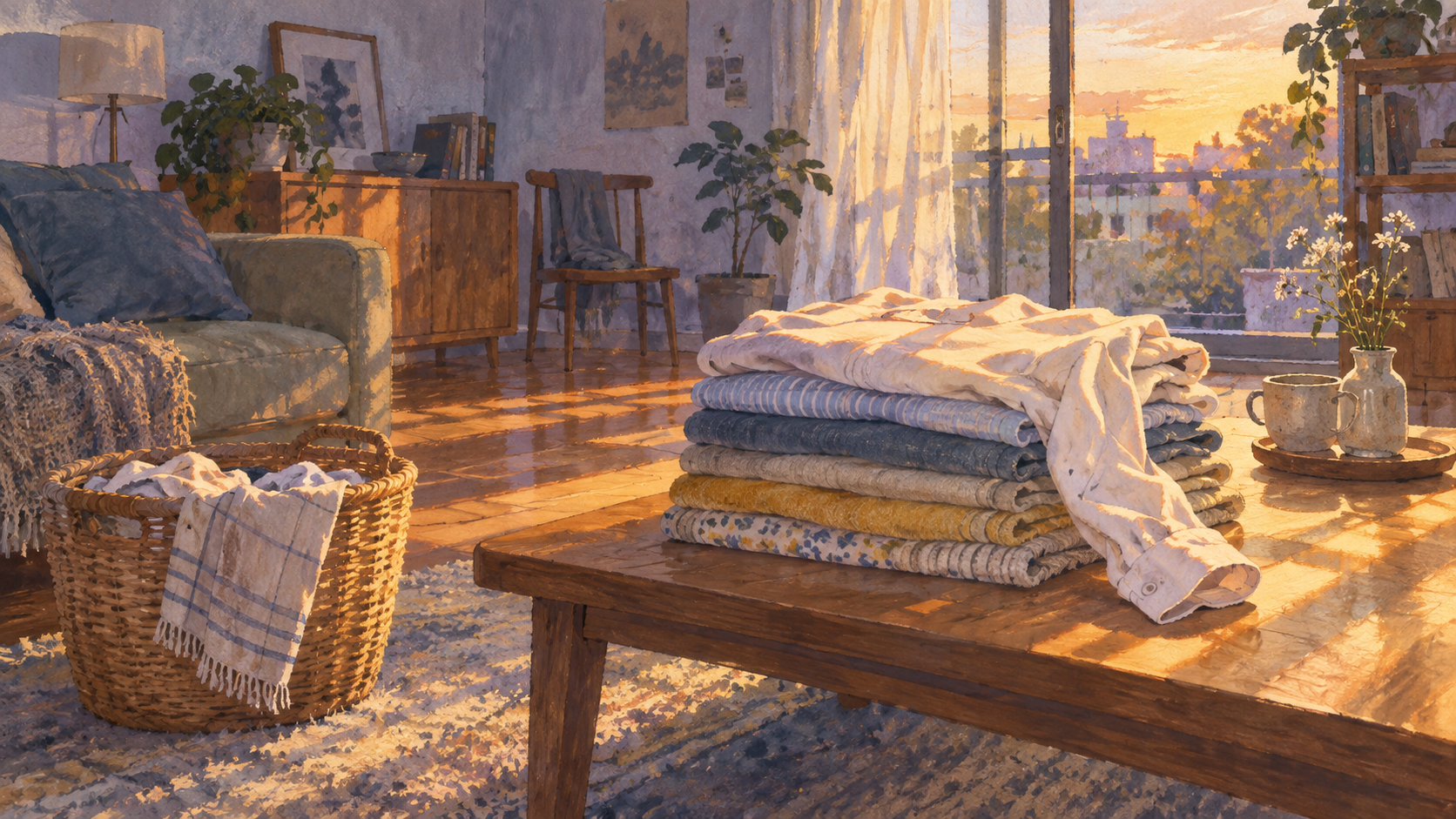 夕方の部屋で、ていねいにたたまれた洗濯物