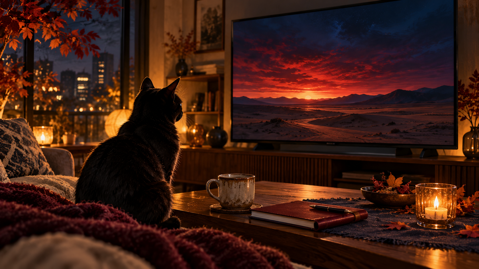 砂漠の映像を眺める黒猫