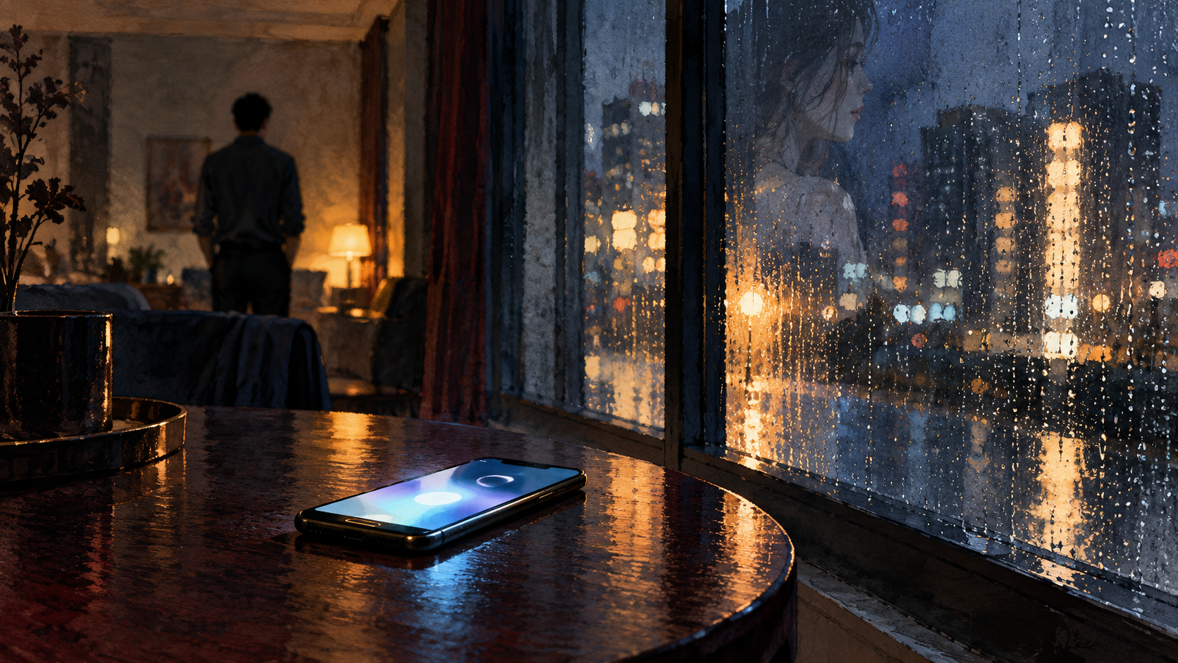 雨の窓際で光るスマートフォンと人影の創作イラスト