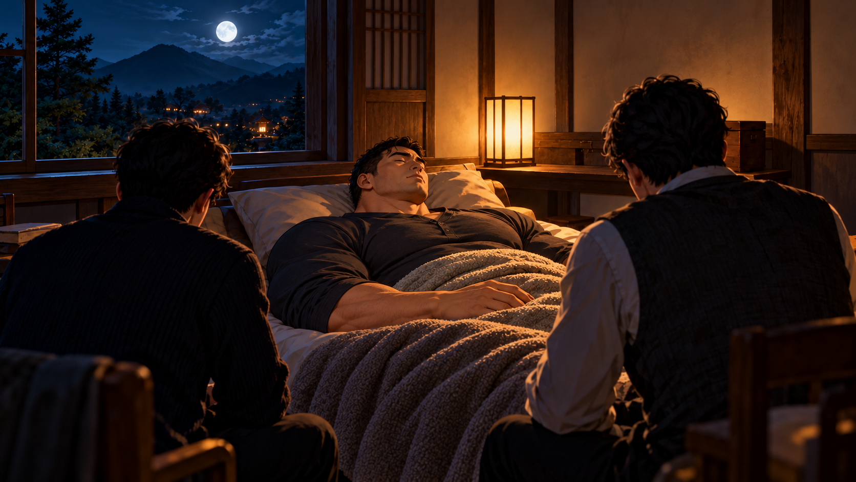 ベッドで休む大柄な男性を見守る仲間たち