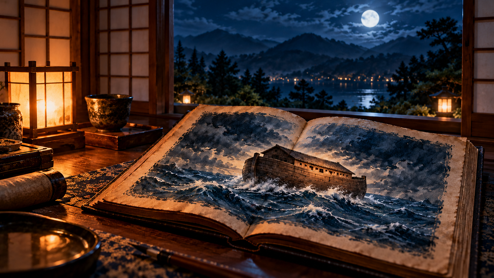 方舟が描かれた本と暖かな読書灯